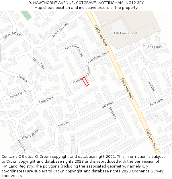 9, HAWTHORNE AVENUE, COTGRAVE, NOTTINGHAM, NG12 3PY: Location map and indicative extent of plot