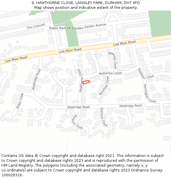 9, HAWTHORNE CLOSE, LANGLEY PARK, DURHAM, DH7 9FD: Location map and indicative extent of plot