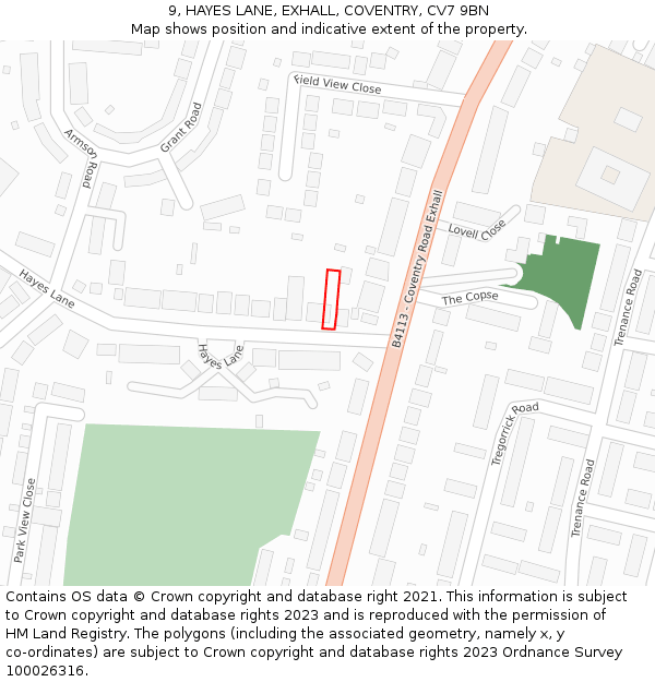 9, HAYES LANE, EXHALL, COVENTRY, CV7 9BN: Location map and indicative extent of plot