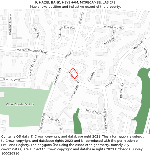 9, HAZEL BANK, HEYSHAM, MORECAMBE, LA3 2FE: Location map and indicative extent of plot