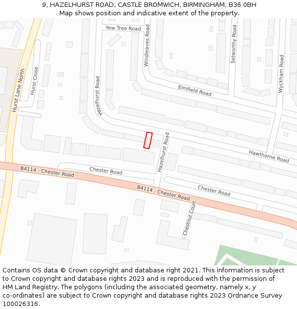 9, HAZELHURST ROAD, CASTLE BROMWICH, BIRMINGHAM, B36 0BH: Location map and indicative extent of plot