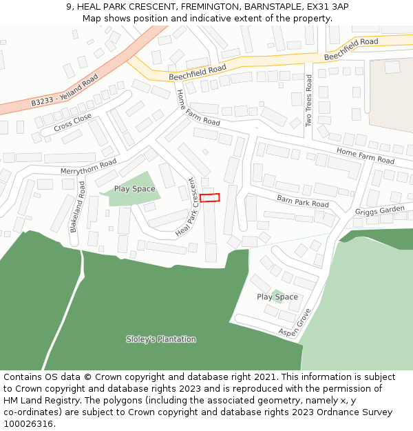 9, HEAL PARK CRESCENT, FREMINGTON, BARNSTAPLE, EX31 3AP: Location map and indicative extent of plot