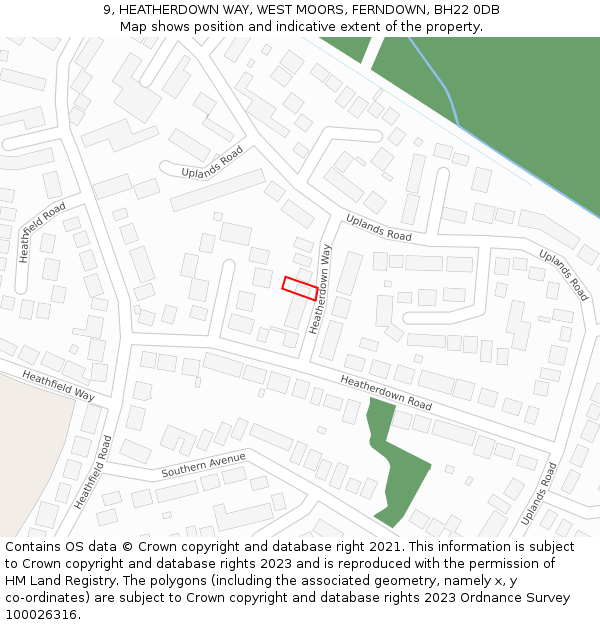 9, HEATHERDOWN WAY, WEST MOORS, FERNDOWN, BH22 0DB: Location map and indicative extent of plot