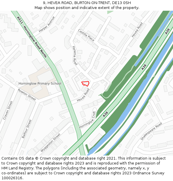 9, HEVEA ROAD, BURTON-ON-TRENT, DE13 0SH: Location map and indicative extent of plot