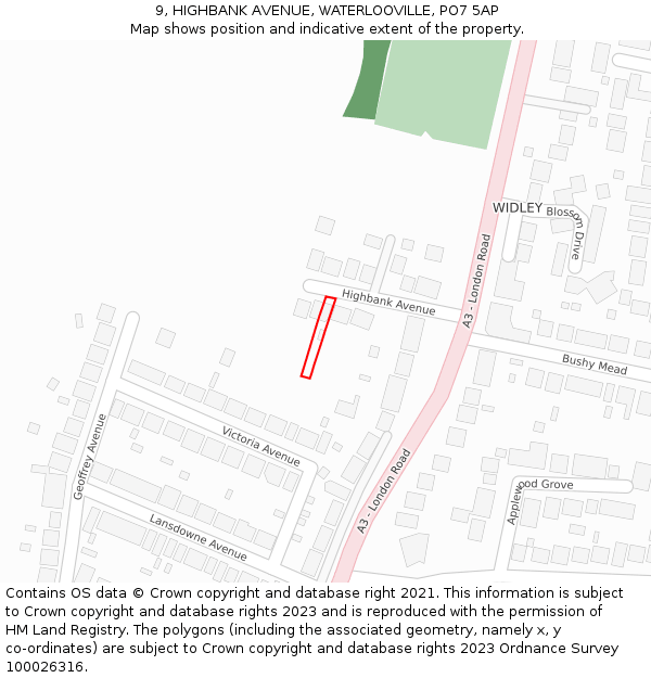 9, HIGHBANK AVENUE, WATERLOOVILLE, PO7 5AP: Location map and indicative extent of plot