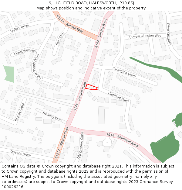 9, HIGHFIELD ROAD, HALESWORTH, IP19 8SJ: Location map and indicative extent of plot