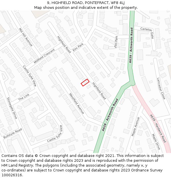 9, HIGHFIELD ROAD, PONTEFRACT, WF8 4LJ: Location map and indicative extent of plot