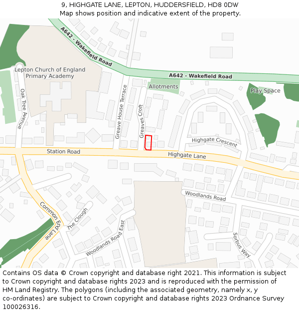 9, HIGHGATE LANE, LEPTON, HUDDERSFIELD, HD8 0DW: Location map and indicative extent of plot