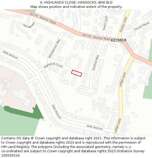 9, HIGHLANDS CLOSE, HASSOCKS, BN6 8LD: Location map and indicative extent of plot