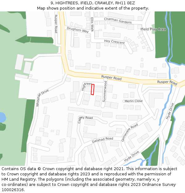 9, HIGHTREES, IFIELD, CRAWLEY, RH11 0EZ: Location map and indicative extent of plot