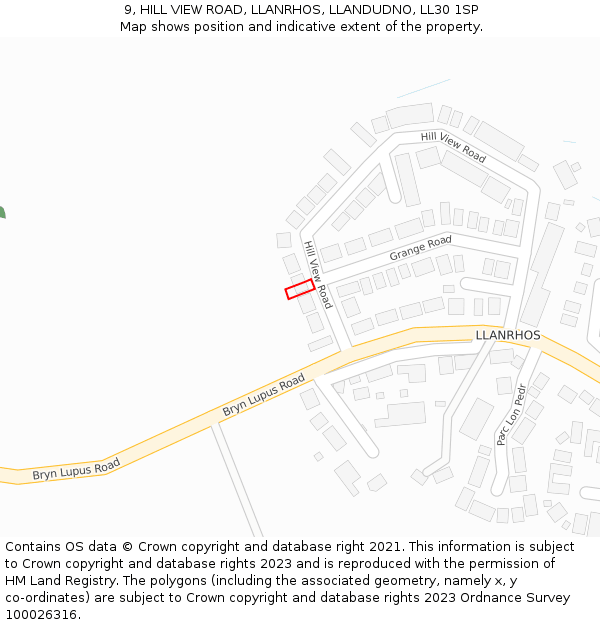 9, HILL VIEW ROAD, LLANRHOS, LLANDUDNO, LL30 1SP: Location map and indicative extent of plot