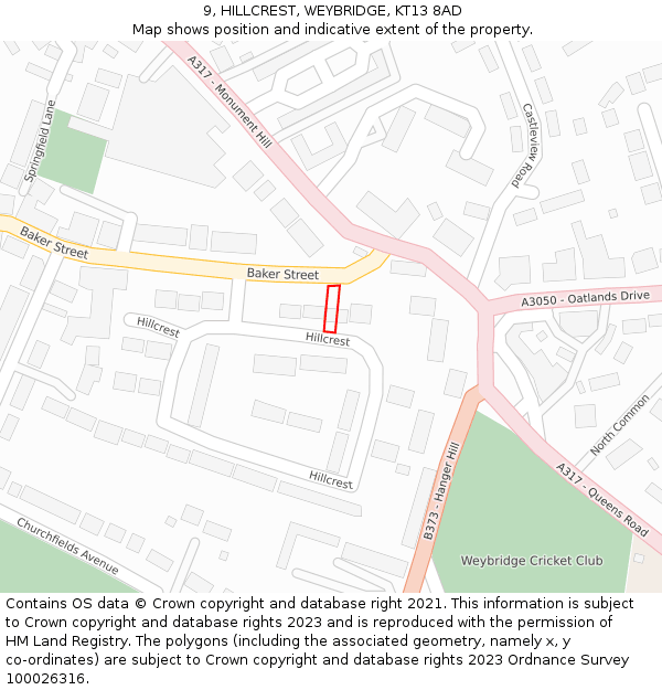 9, HILLCREST, WEYBRIDGE, KT13 8AD: Location map and indicative extent of plot