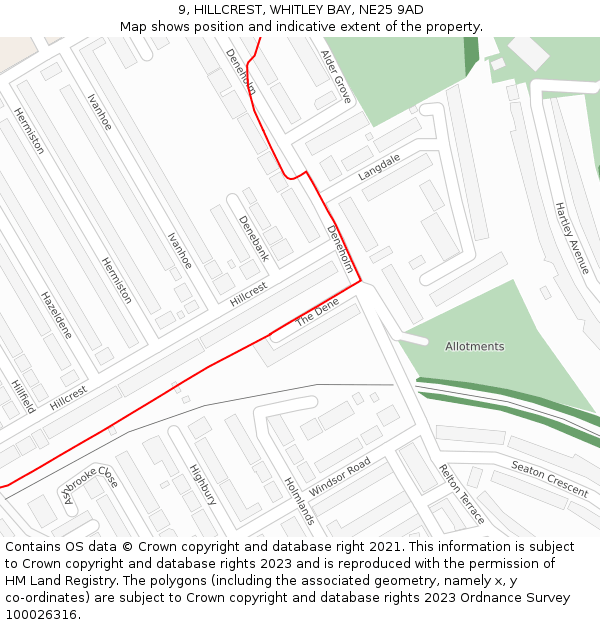 9, HILLCREST, WHITLEY BAY, NE25 9AD: Location map and indicative extent of plot