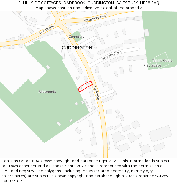 9, HILLSIDE COTTAGES, DADBROOK, CUDDINGTON, AYLESBURY, HP18 0AQ: Location map and indicative extent of plot