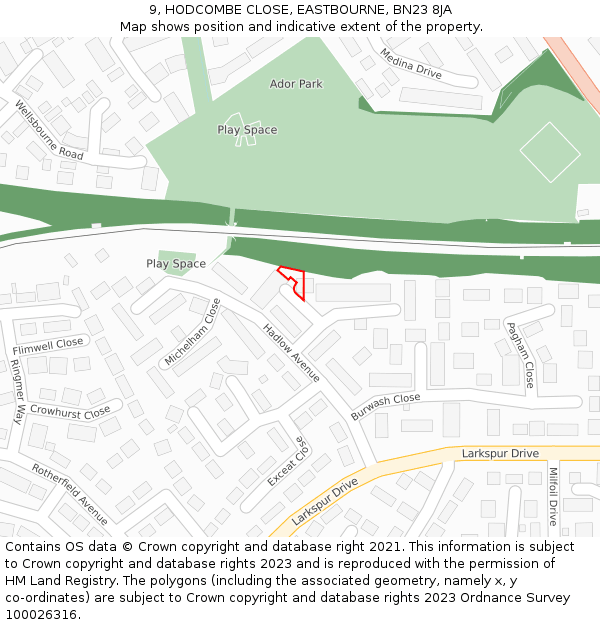 9, HODCOMBE CLOSE, EASTBOURNE, BN23 8JA: Location map and indicative extent of plot