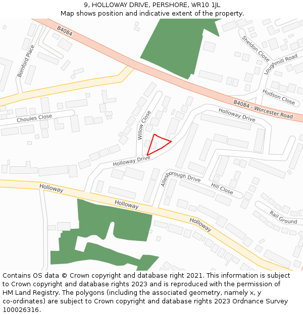 9, HOLLOWAY DRIVE, PERSHORE, WR10 1JL: Location map and indicative extent of plot