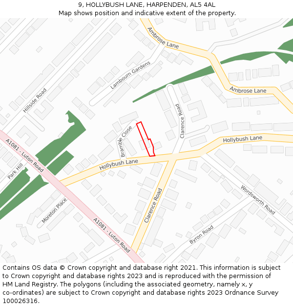 9, HOLLYBUSH LANE, HARPENDEN, AL5 4AL: Location map and indicative extent of plot