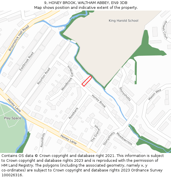 9, HONEY BROOK, WALTHAM ABBEY, EN9 3DB: Location map and indicative extent of plot