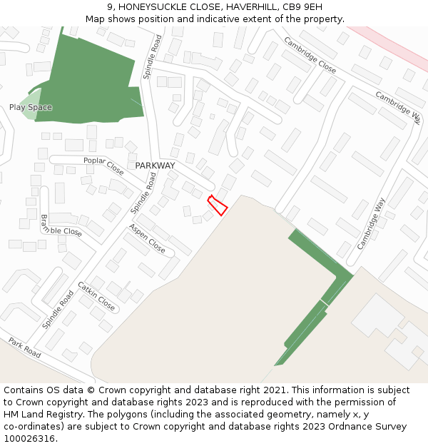 9, HONEYSUCKLE CLOSE, HAVERHILL, CB9 9EH: Location map and indicative extent of plot