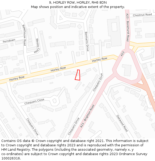 9, HORLEY ROW, HORLEY, RH6 8DN: Location map and indicative extent of plot