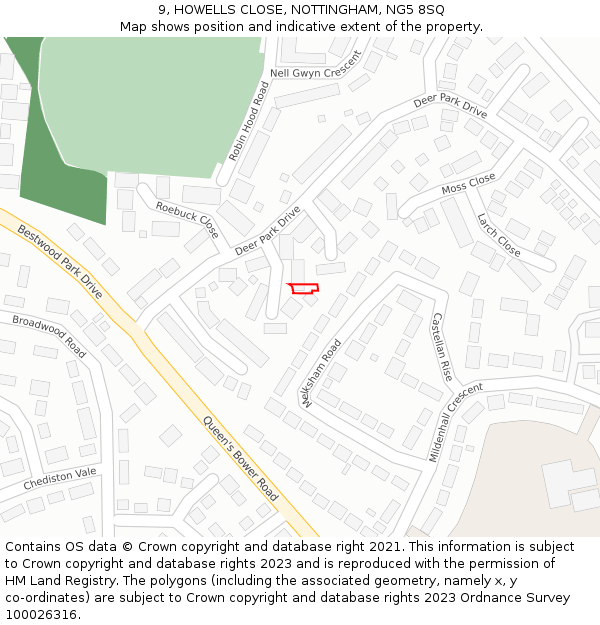 9, HOWELLS CLOSE, NOTTINGHAM, NG5 8SQ: Location map and indicative extent of plot