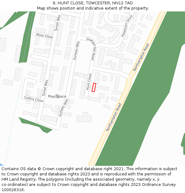 9, HUNT CLOSE, TOWCESTER, NN12 7AD: Location map and indicative extent of plot