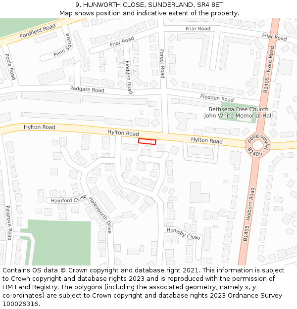 9, HUNWORTH CLOSE, SUNDERLAND, SR4 8ET: Location map and indicative extent of plot