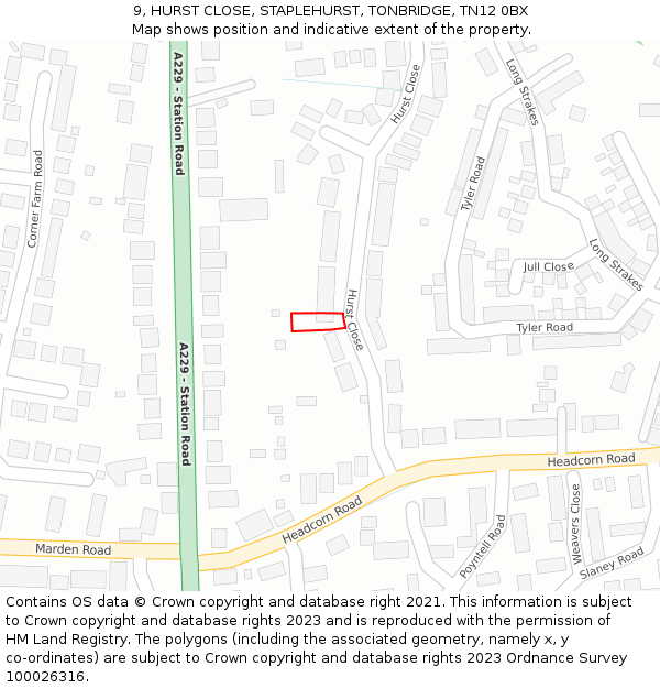 9, HURST CLOSE, STAPLEHURST, TONBRIDGE, TN12 0BX: Location map and indicative extent of plot