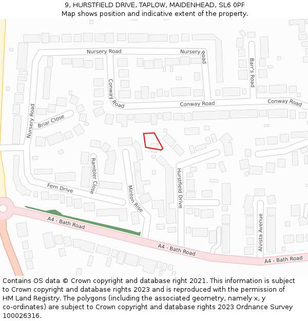 9, HURSTFIELD DRIVE, TAPLOW, MAIDENHEAD, SL6 0PF: Location map and indicative extent of plot