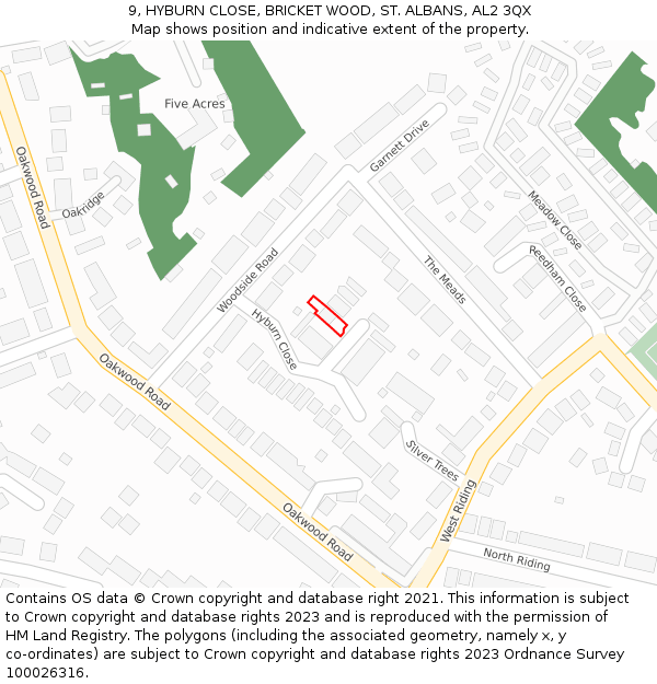 9, HYBURN CLOSE, BRICKET WOOD, ST. ALBANS, AL2 3QX: Location map and indicative extent of plot