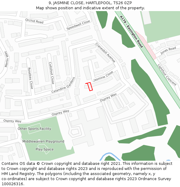 9, JASMINE CLOSE, HARTLEPOOL, TS26 0ZP: Location map and indicative extent of plot