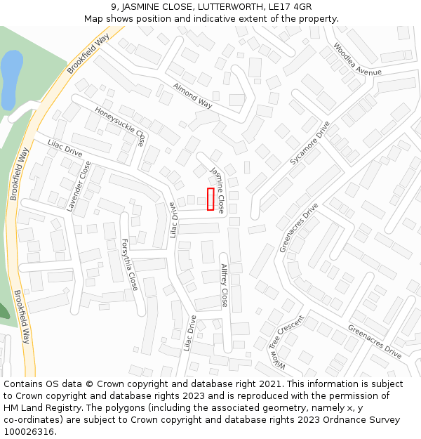 9, JASMINE CLOSE, LUTTERWORTH, LE17 4GR: Location map and indicative extent of plot