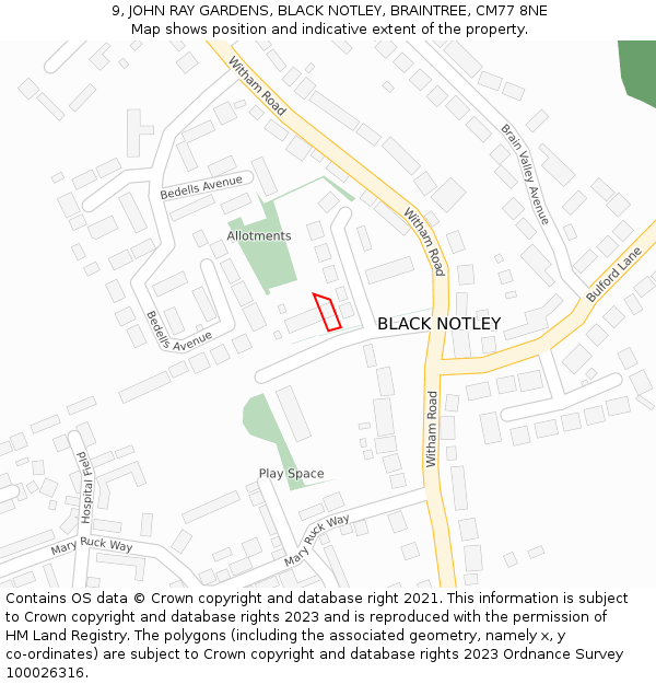 9, JOHN RAY GARDENS, BLACK NOTLEY, BRAINTREE, CM77 8NE: Location map and indicative extent of plot