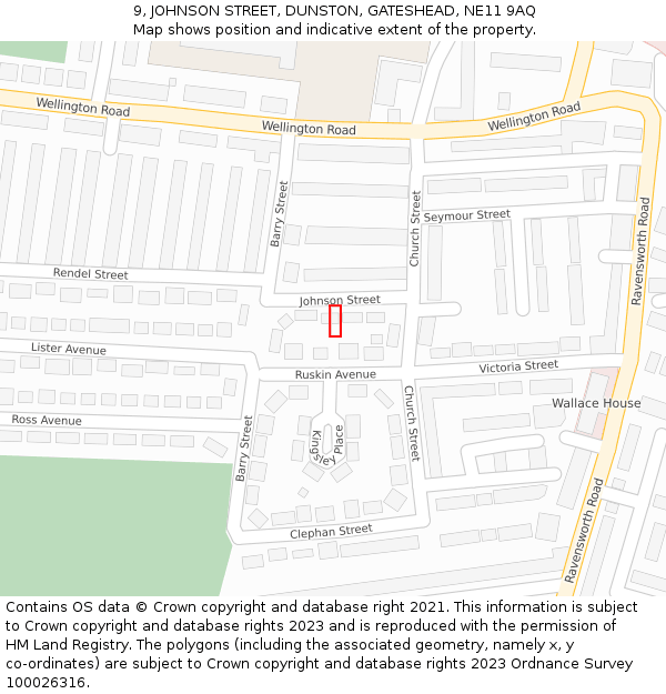 9, JOHNSON STREET, DUNSTON, GATESHEAD, NE11 9AQ: Location map and indicative extent of plot