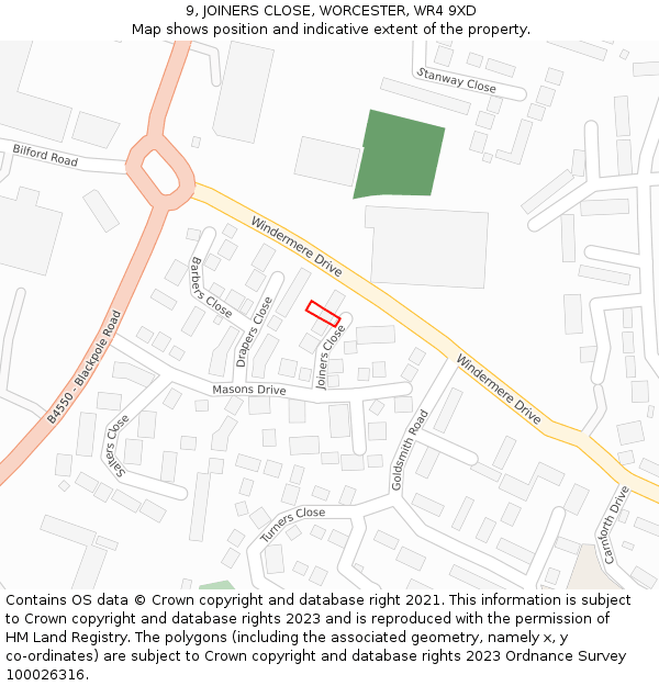 9, JOINERS CLOSE, WORCESTER, WR4 9XD: Location map and indicative extent of plot