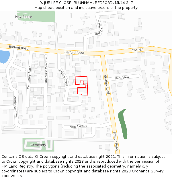 9, JUBILEE CLOSE, BLUNHAM, BEDFORD, MK44 3LZ: Location map and indicative extent of plot