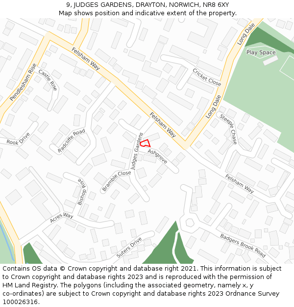 9, JUDGES GARDENS, DRAYTON, NORWICH, NR8 6XY: Location map and indicative extent of plot