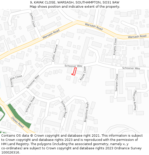 9, KAYAK CLOSE, WARSASH, SOUTHAMPTON, SO31 9AW: Location map and indicative extent of plot