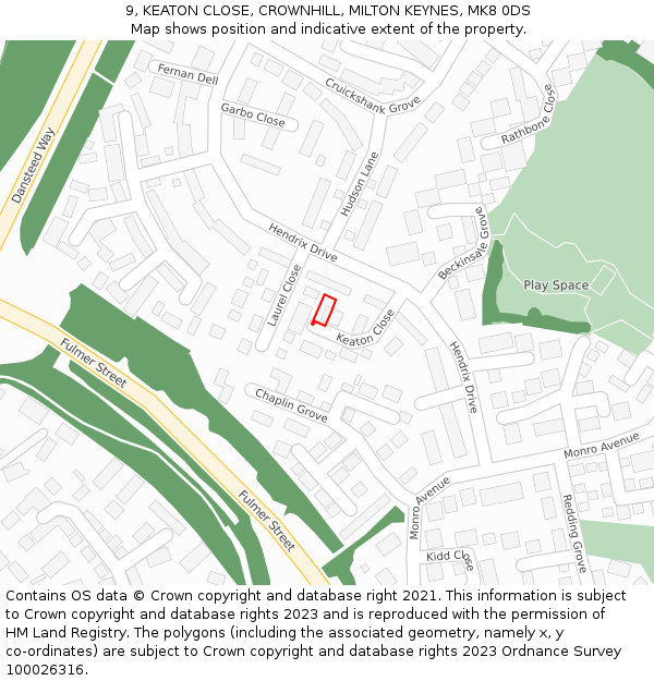 9, KEATON CLOSE, CROWNHILL, MILTON KEYNES, MK8 0DS: Location map and indicative extent of plot