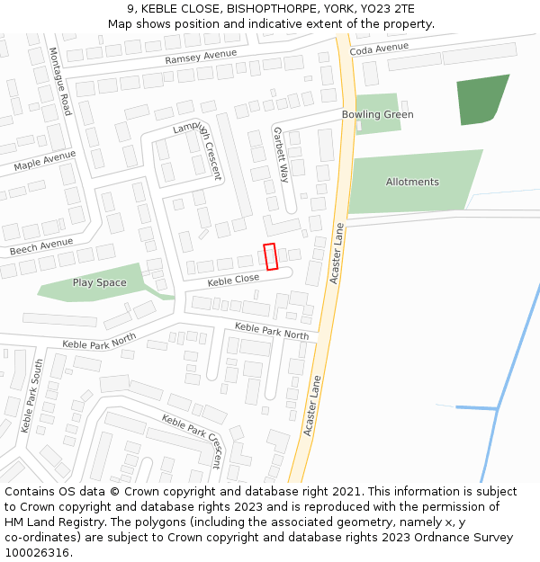 9, KEBLE CLOSE, BISHOPTHORPE, YORK, YO23 2TE: Location map and indicative extent of plot