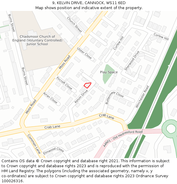 9, KELVIN DRIVE, CANNOCK, WS11 6ED: Location map and indicative extent of plot