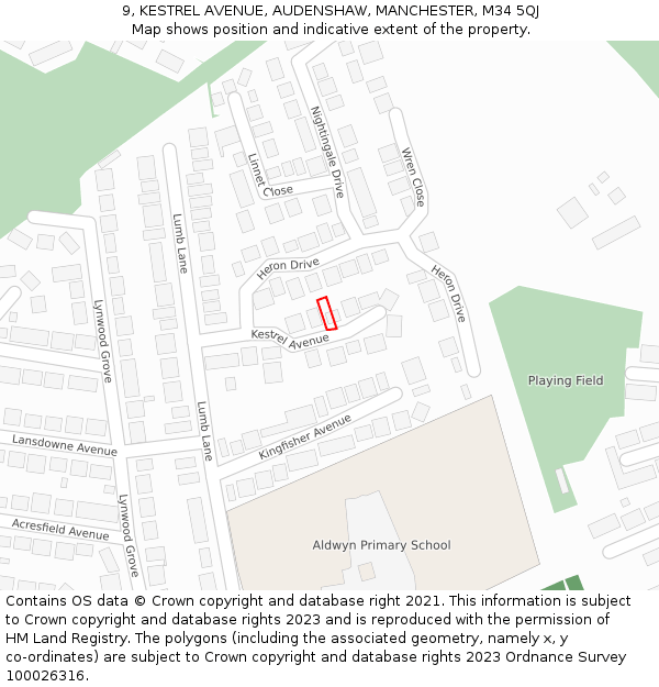 9, KESTREL AVENUE, AUDENSHAW, MANCHESTER, M34 5QJ: Location map and indicative extent of plot