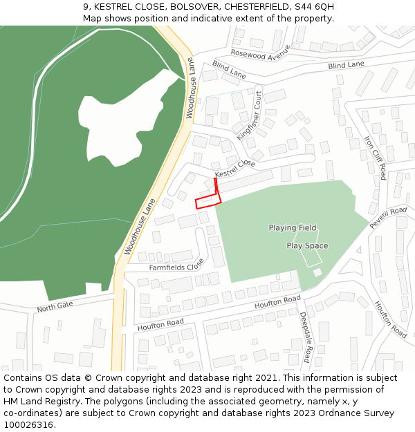 9, KESTREL CLOSE, BOLSOVER, CHESTERFIELD, S44 6QH: Location map and indicative extent of plot