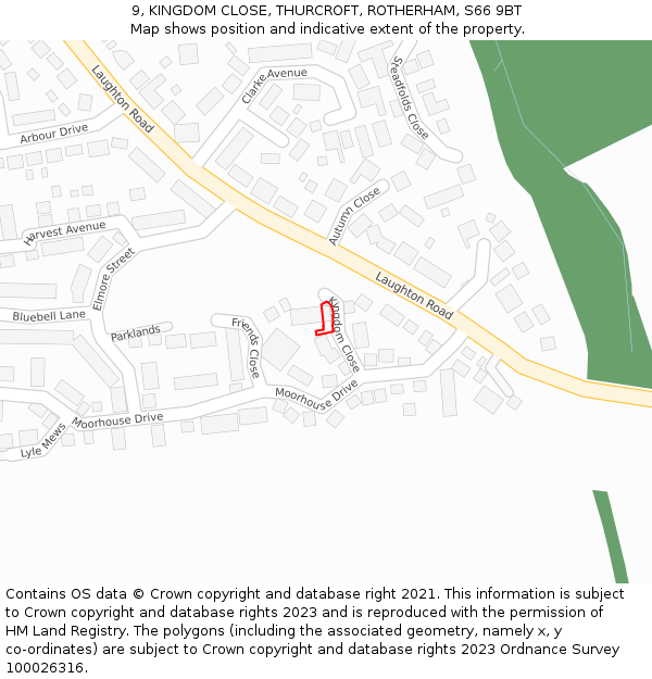 9, KINGDOM CLOSE, THURCROFT, ROTHERHAM, S66 9BT: Location map and indicative extent of plot