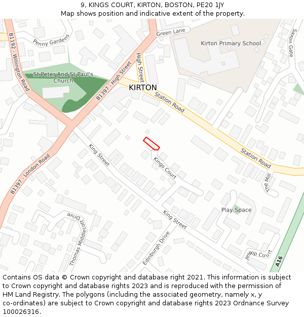 9, KINGS COURT, KIRTON, BOSTON, PE20 1JY: Location map and indicative extent of plot