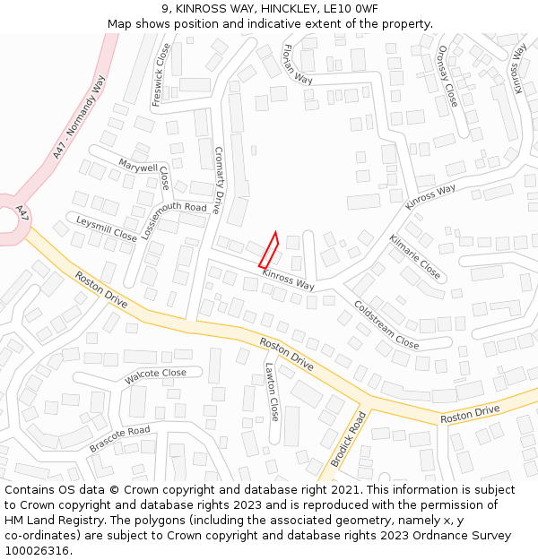 9, KINROSS WAY, HINCKLEY, LE10 0WF: Location map and indicative extent of plot