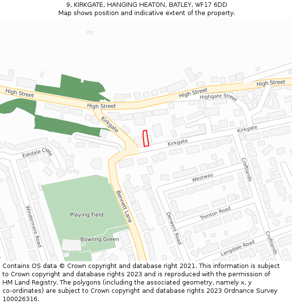 9, KIRKGATE, HANGING HEATON, BATLEY, WF17 6DD: Location map and indicative extent of plot