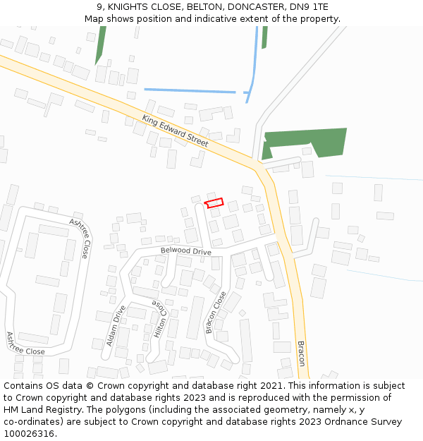 9, KNIGHTS CLOSE, BELTON, DONCASTER, DN9 1TE: Location map and indicative extent of plot