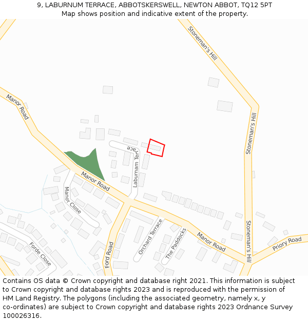 9, LABURNUM TERRACE, ABBOTSKERSWELL, NEWTON ABBOT, TQ12 5PT: Location map and indicative extent of plot