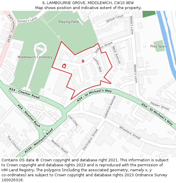 9, LAMBOURNE GROVE, MIDDLEWICH, CW10 9EW: Location map and indicative extent of plot